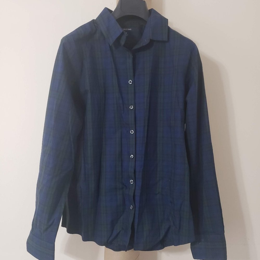 Lands End Black,Navy,Green Plaid Button Up Shirt